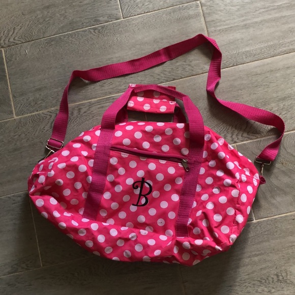 Pink and white polka dot “B” duffle bag with strap and front zipper small pocket - Picture 16 of 16